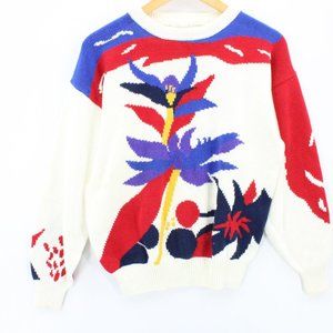 Vintage Andre Knit Sweater Womens White Floral Graphic Pullover Cotton Size XL